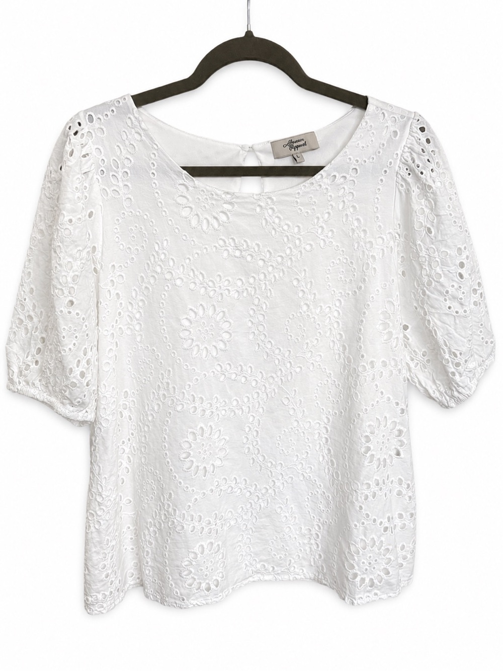 Beacon Apparel White Eyelet Embroidered Puff Sleeve Blouse Size L - Picture 4 of 5